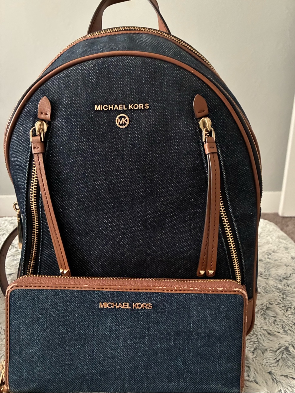Michael Kors Denim and Brown Leather Backpack & Wallet Set